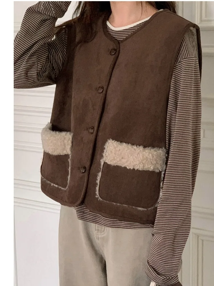 Gilet coréen d'hiver pour femmes, doux et jeune, en fourrure d'agneau, superposition intercée, polyvalent, longueur ort, boutonné