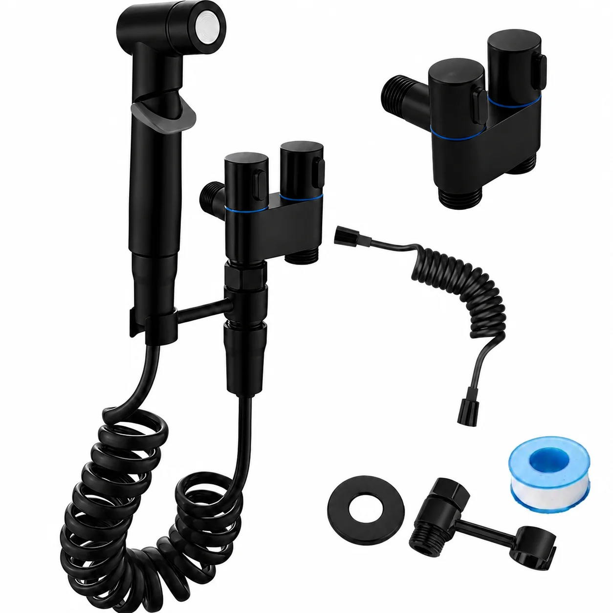 Dual Control Toilet Bidet Sprayer Kit with Flexible Coiled Hose Handheld Shattaf for Bathroom Cleaning and Diaper Washing