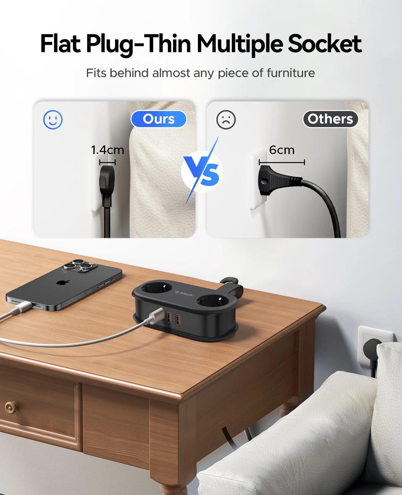 ORICO EU Plug 20W PD Fast Charging Power Strip Portable Extension Cord Socket 2AC 2USB 1USB-C Compact For Travel Household Use