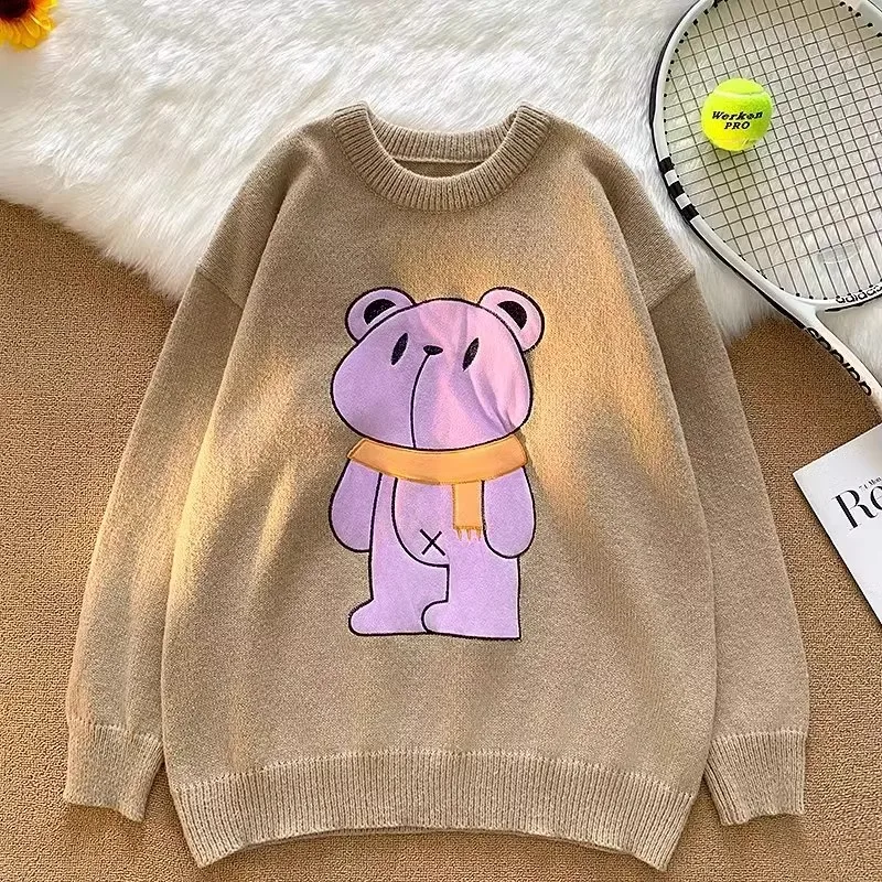 

Casual Women's Pullover Sweaters with Embroidered Cartoon Bear Design O-Neck 2023 Autumn Couple Matching Tops