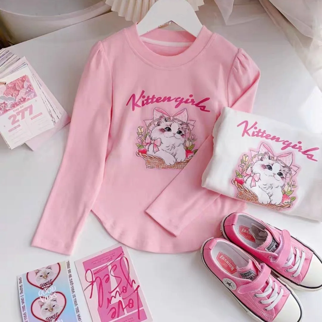 Autumn Spring Toddler Girl Long Sleeves Loose Letter Cat Print Infant Baby Girl T-shirt Cotton Round Collar Kid Girl Undershirts