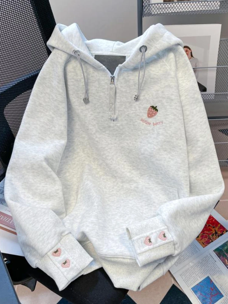 DAYIFUN-Women's Grey Hoodies Strawberry Embroidery Design Sweatshirts Loose Long Sleeve Tops Ladies Foreign Style Clothing