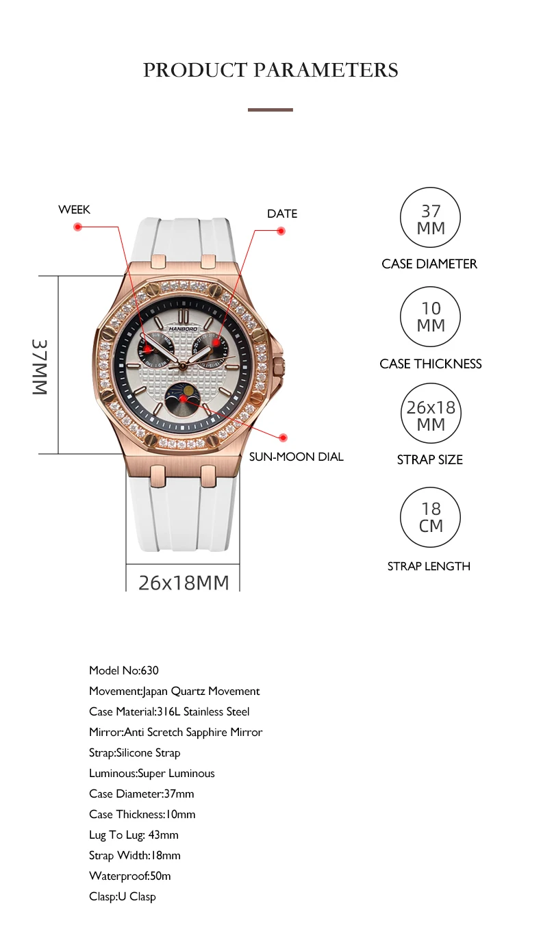 HANBORO женские роскошные часы 37 мм женские часы кварцевые наручные часы светящийся водонепроницаемый силиконовый ремешок тройные окна неделя дата