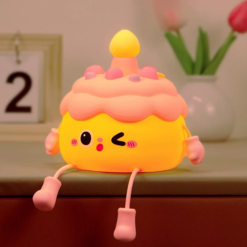 Lampu Malam Silikon Cantik Lampu Dekorasi Ruangan Lampu Pat Kue Ulang Tahun Lucu Hadiah Ulang Tahun Pengisi Daya USB untuk Anak Laki-laki dan Perempuan