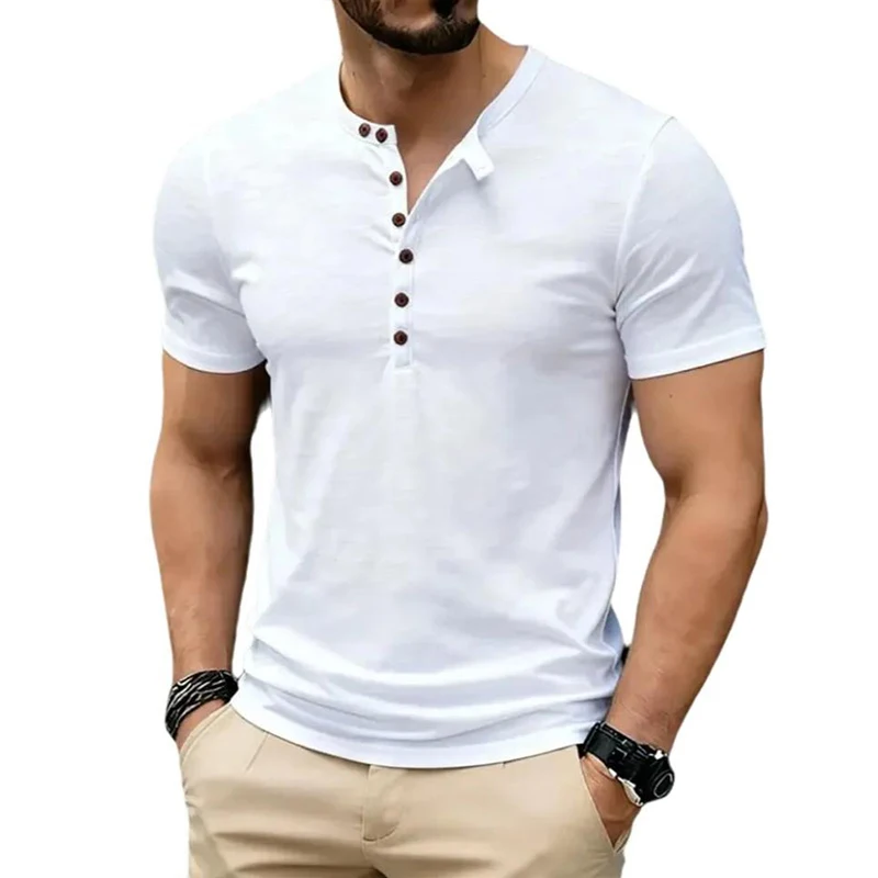 New Design Men's Summer Solid Color T-Shirts Bamboo-Handled Henry Collar Casual Button Short Sleeve Top Tees Hip Hop Streetwears