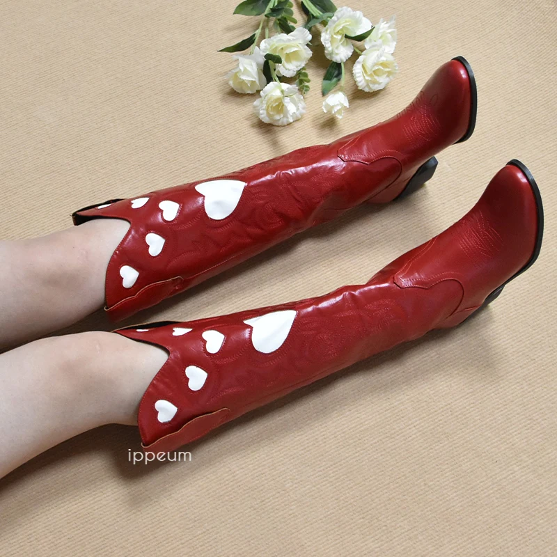 IPPEUM Cowboy Boots Red Knee High Boots Big Size 43 Women Comfy Walking Female Western Cowgirl Boot For Dropshipping Shoes