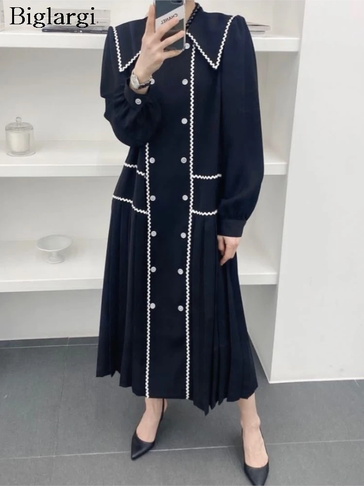 

Autumn Straight Dress Women Korean Style Elegant Print Fashion Ladies Dresses Loose Ruffle Pleated Long Sleeve Woman Long Dress