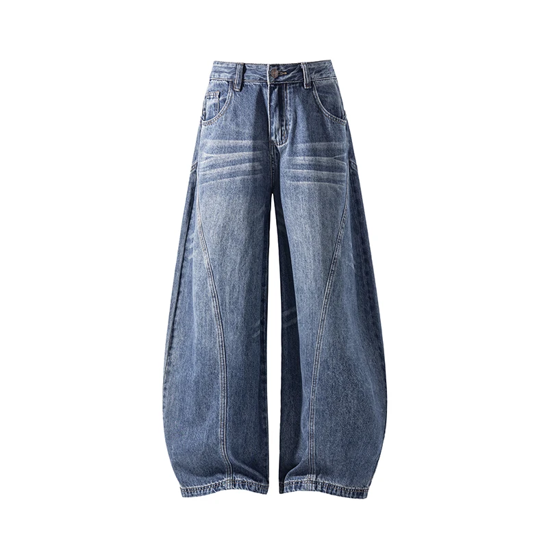 Men's Distressed Jeans Casual Wide Leg Jeans Deconstructed Patchwork Washed Denim Drawstring Waist Streetwear Pants