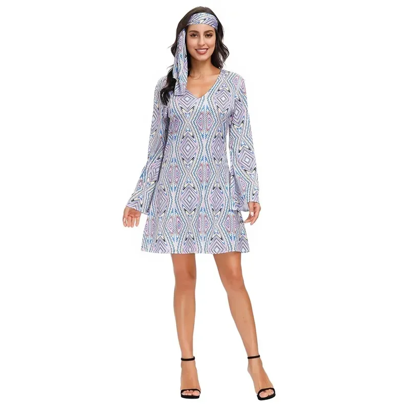 New Vintage 60s 70s Hippie Sexy Lady Costume Retro Disco Dancing Fancy Dress For Halloween Carnival Party Women's Retro Costume
