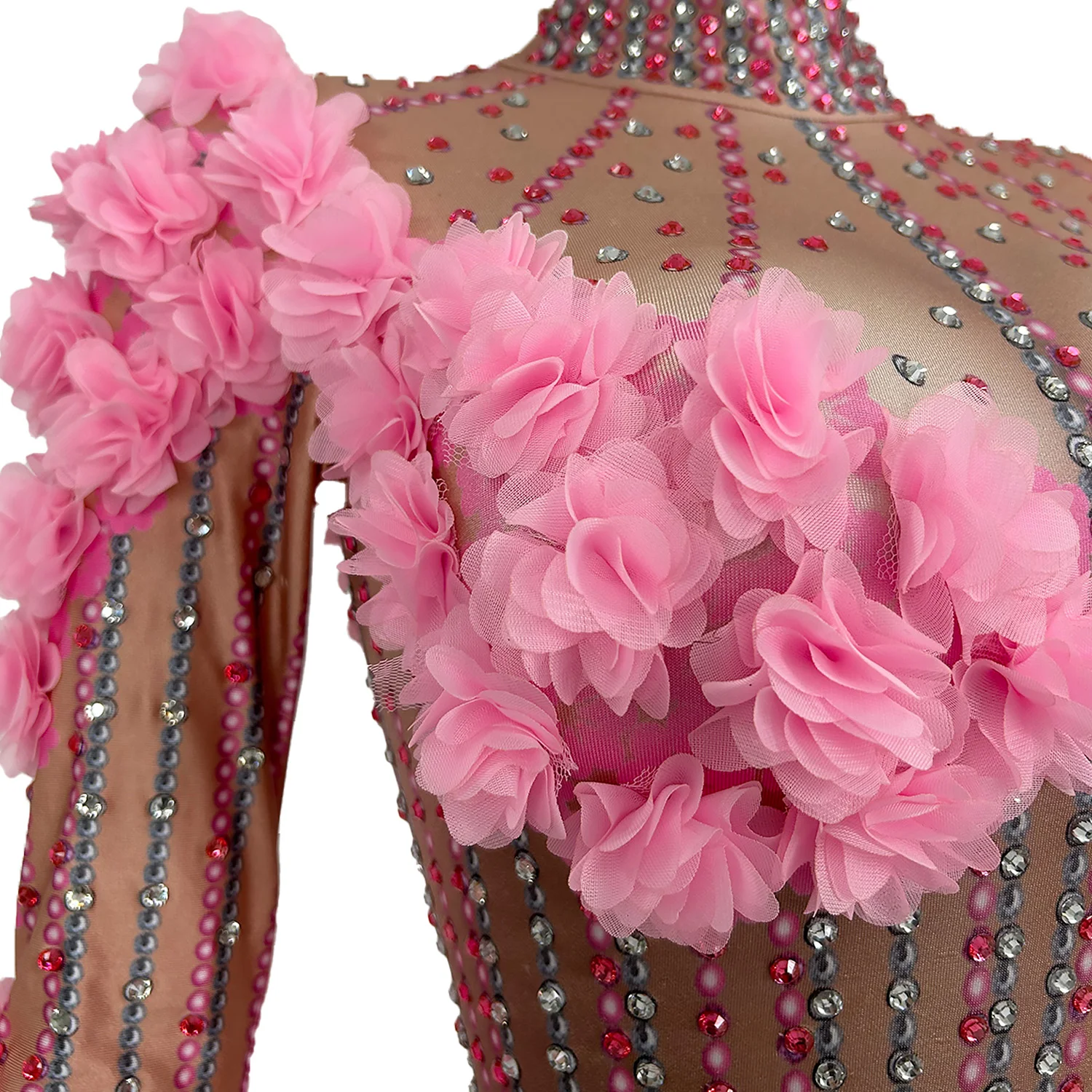 Fashion Flower Rhinestones Long Sleeve Jumpsuit Women High-end Nightclub Party Performance Dance Tight Fitting Outfit Huaduoku