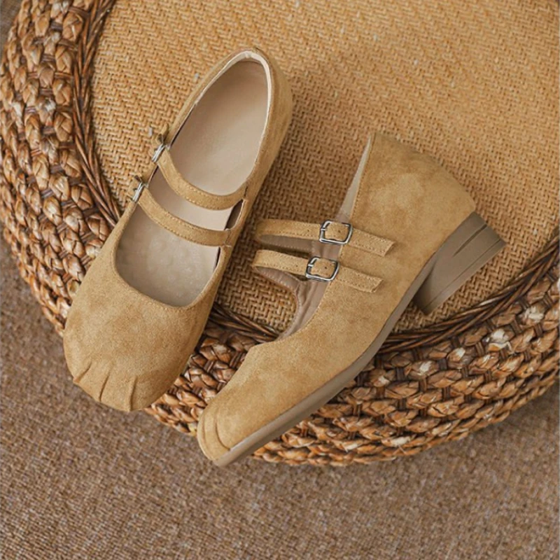 Suede Double-Strap Mary Jane Shoes, Split-Toe Square Toe Shallow Pumps, Gentle Retro Flat Shoes for Women view 4