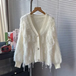 2024 New Women Autumn Sweater V-Neck Furry Knit Cardigans Coat Single Button Sweater Tops Women Fashion Sweater Pull Femme