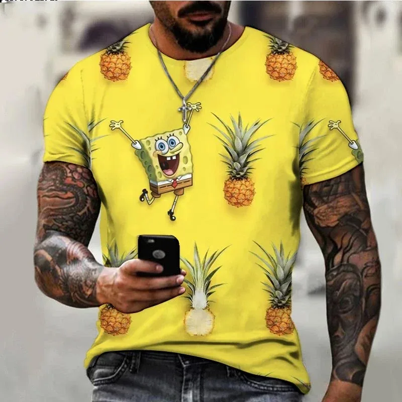 2024 Summer SpongeBob SquarePants Men\'s T-shirt Fashion Casual Men Round Neck T Shirt Cartoon Boys Clothes Girls Tops Clothing