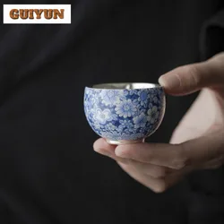 50ml 999 Gilded Silver Ceramic Teacup Enamel Colored Blue and White Master Cup Single Tea Bowl Chazhan Kung Fu Teaset Drinking