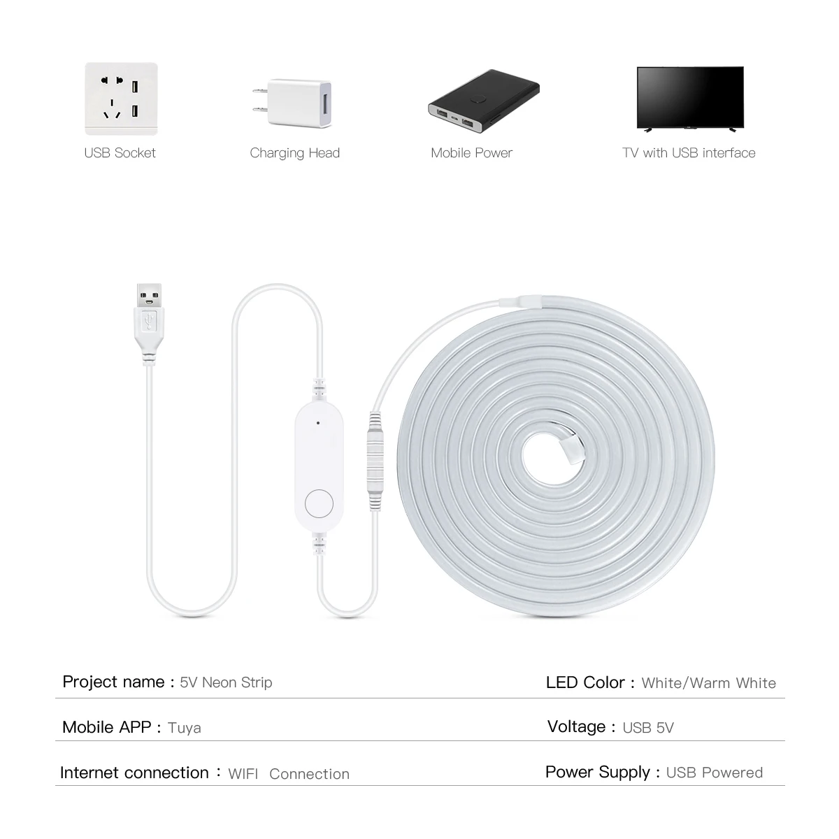 Tuya WiFi USB 5V Neonowa taśma LED 1m 2m 3m Wodoodporna ściemnialna lampa Ciepła biała biel 3000-6500K dla Alexa Google Home Assistant