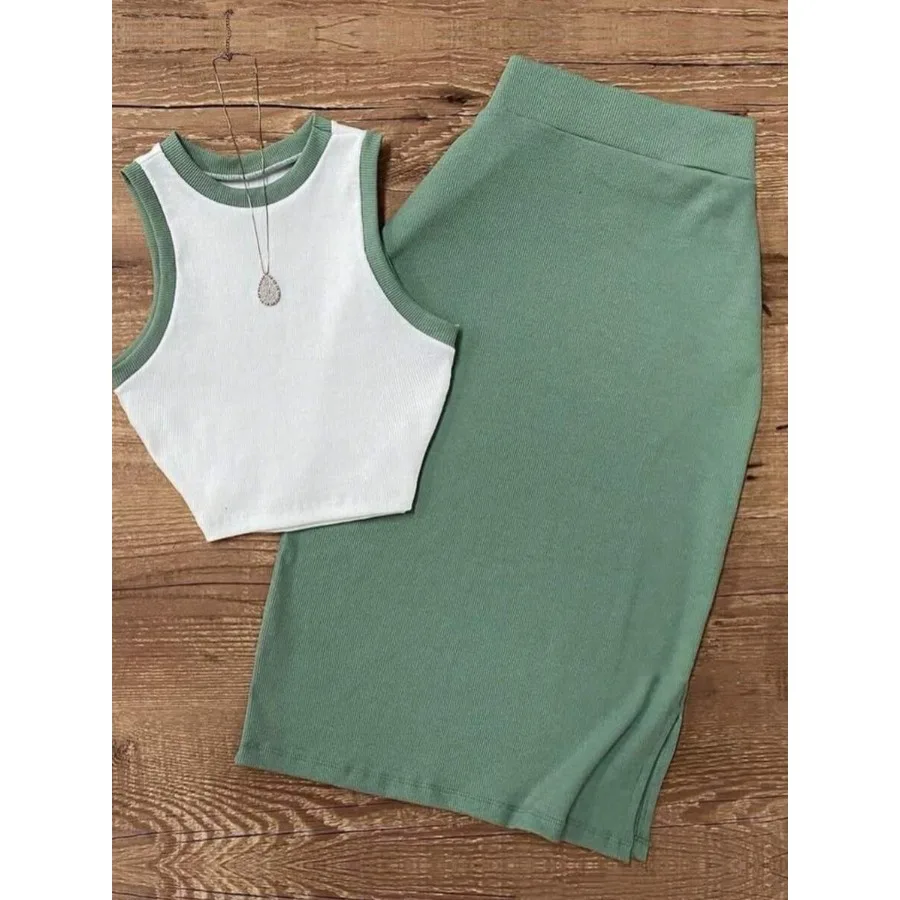 

Женский элегантный комплект из 2 предметов: топ-камизоль и длинная юбка в винтажном курортном стиле, однотонный, с контрастной отделкой, весна/лето