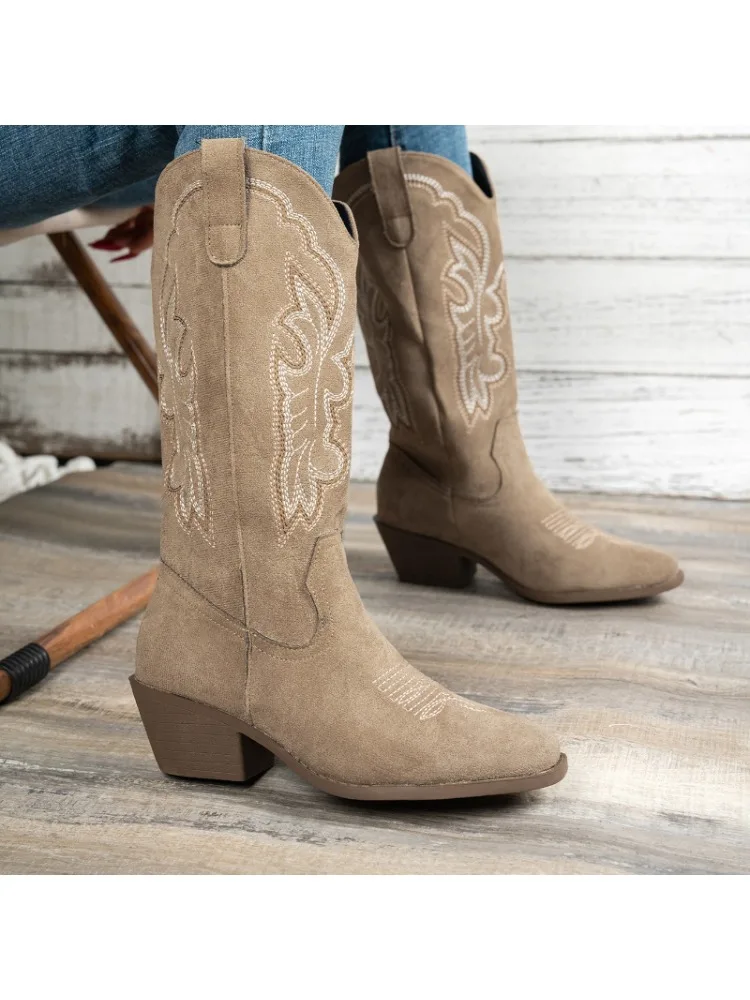 Femmes bottes automne hiver chaussures confortables haut talon épais bout pointu femmes chaussures Sexy à la mode brodé bottes longues