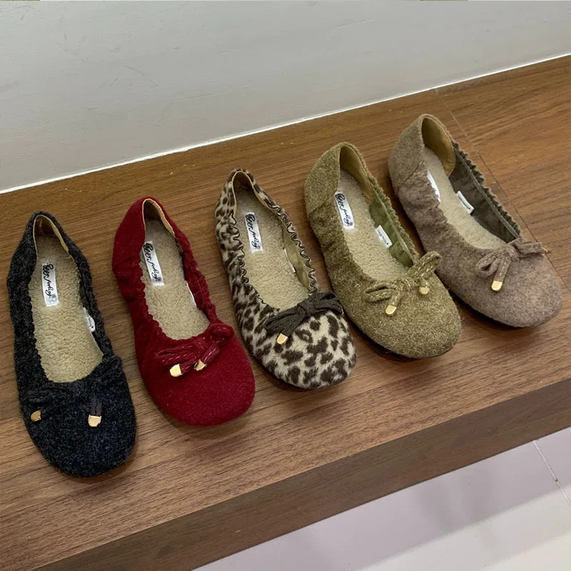 Neue Winter-Herbst-Ballerinas mit Fell, warme, weiche, modische Damenschuhe mit runder Spitze, Schmetterlingsknoten, Damen-Ballerinas mit Plüschfutter – Detail 1