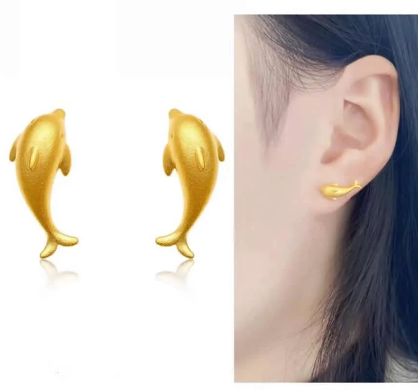 Pure 24K Yellow Gold Earrings Women 999 Gold dolphin Stud Earrings