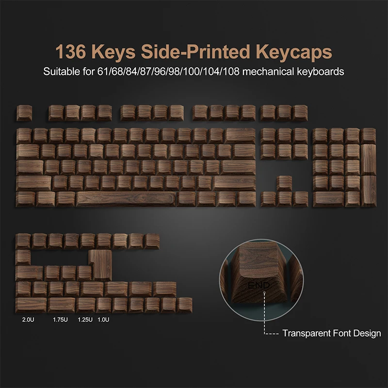 136 Keys Walnut Wood Grain Side Print PBT Keycaps Backlit Dye-Sub Cherry Profile For MX Switch Mechanical Keyboard