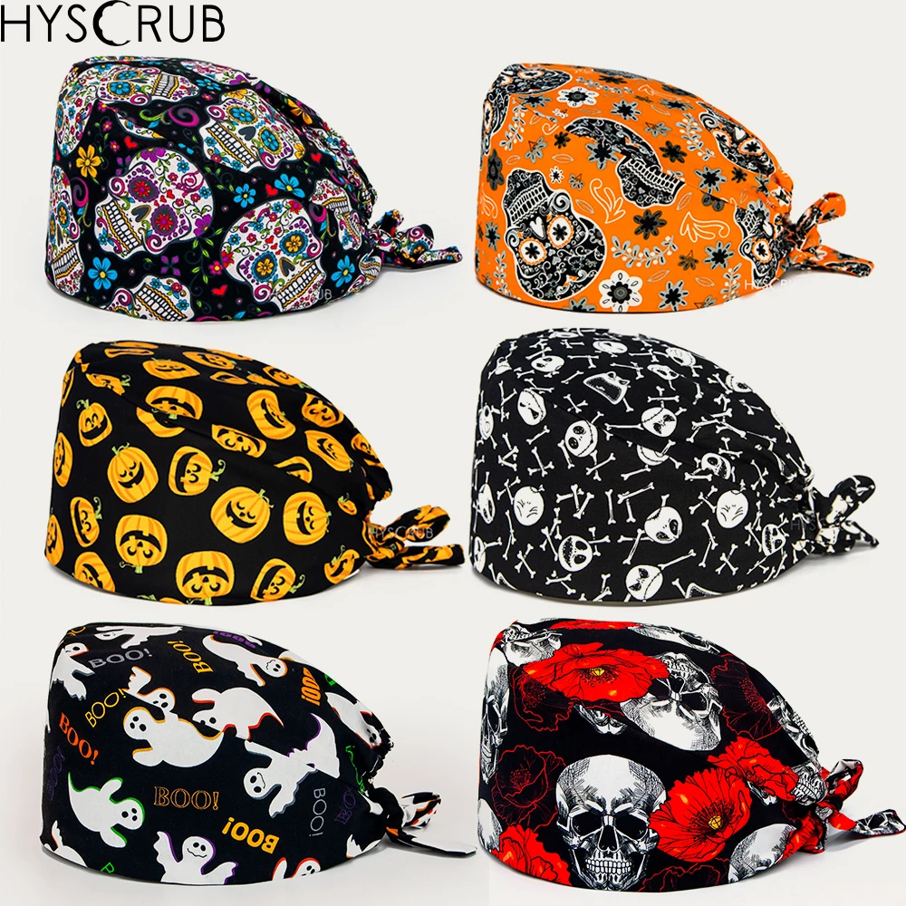 Halloween Pumpkin Pattern Cotton Scrub Hat Dust Proof medical protection Working Cap for Women And Men