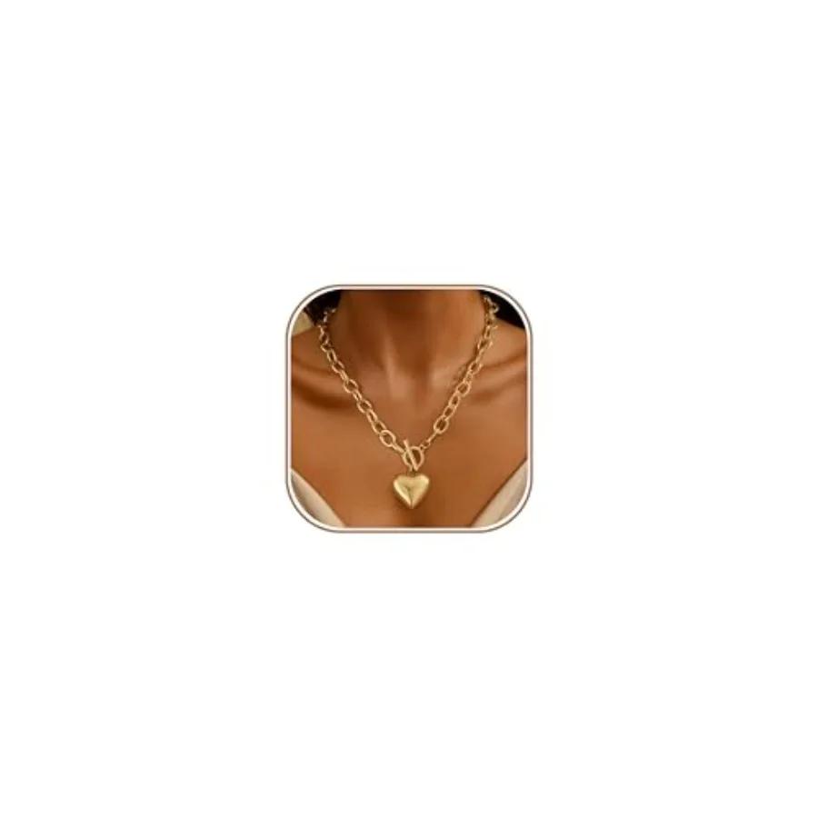 

Chunky Gold Necklace for Women Trendy Non Tarnish 14K Gold Plated Paperclip Chain Charm Necklaces Chunky Heart Cross Clover Pea