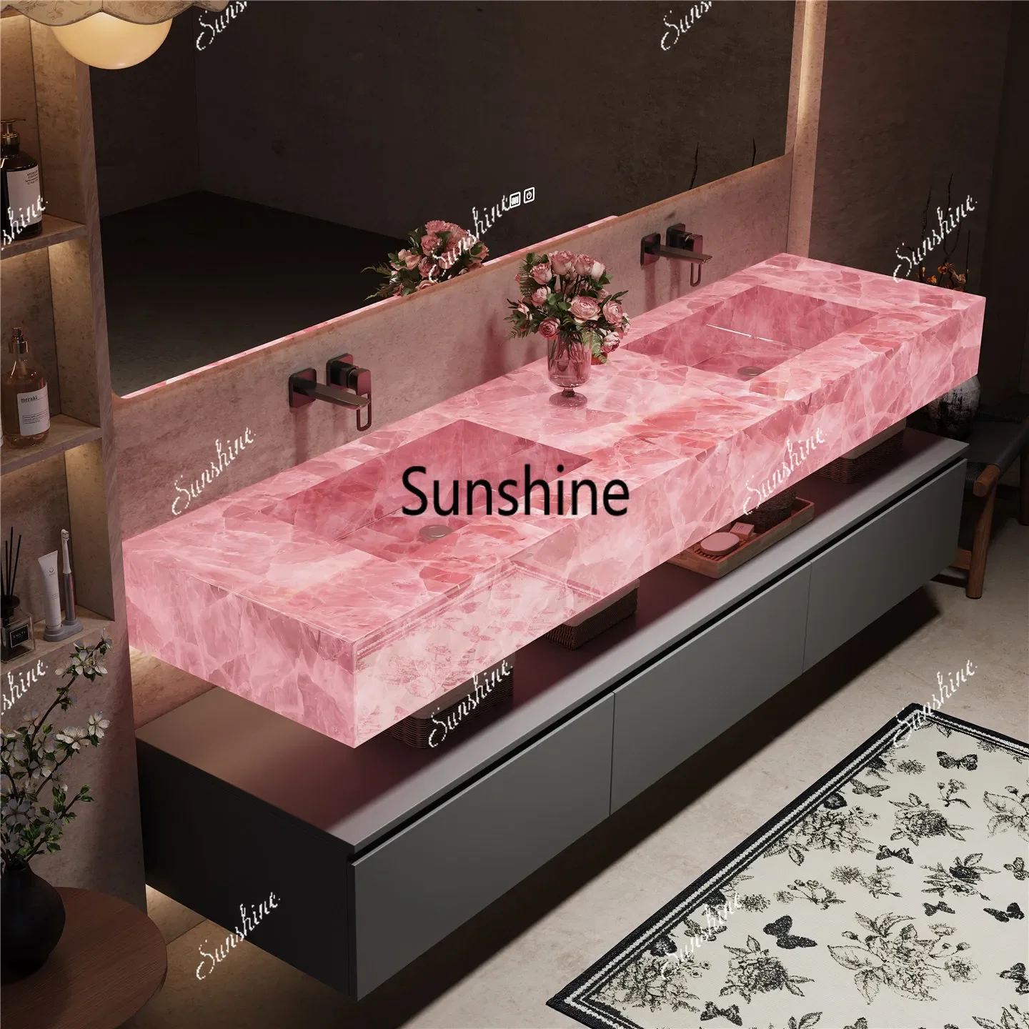 YCustomized powder crystal light transmission, integrated basin, bathroom cabinet, combined bathroom washstand