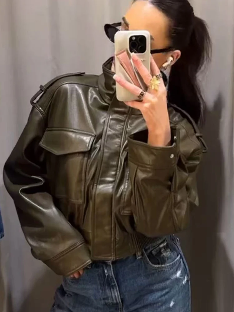 Cappotto in ecopelle PU moda donna nuova tinta unita abbigliamento da strada da donna chic tasca manica lunga giacca corta autunno abiti da donna