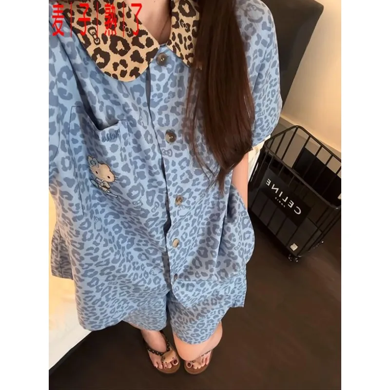 

Пижамы Hello Kitty с леопардовым принтом, корейские милые летние шорты с короткими рукавами, повседневная одежда для дома Hello Kitty из чистого хлопка с маслом чили