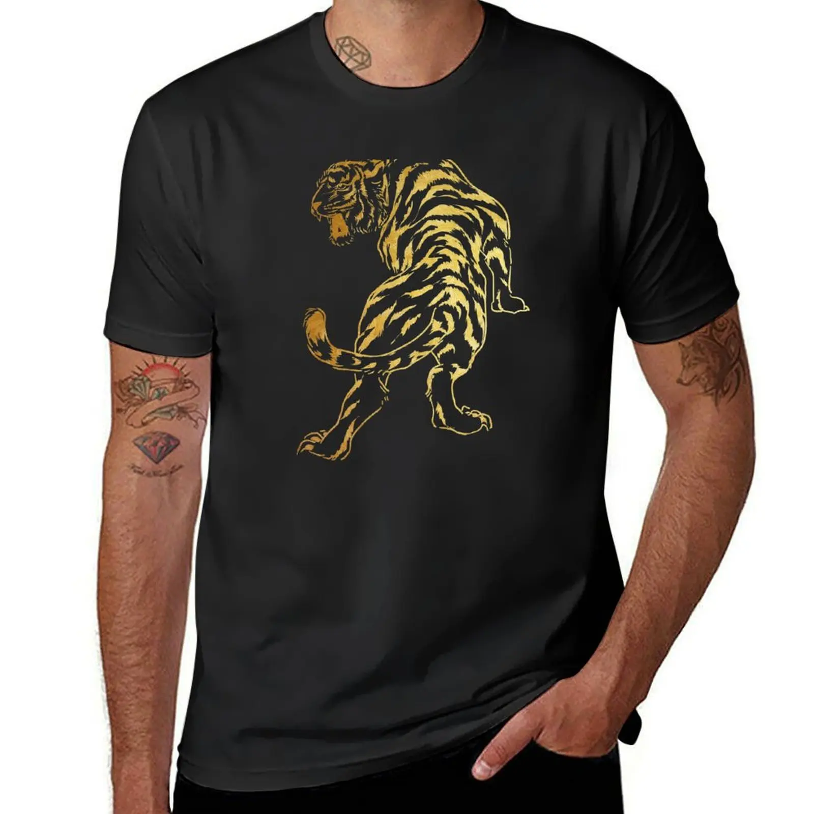 Golden Tiger Sketch Tattoo Style Year of the Tiger 2022 T-Shirt Blouse vintage anime clothes mens funny t shirts