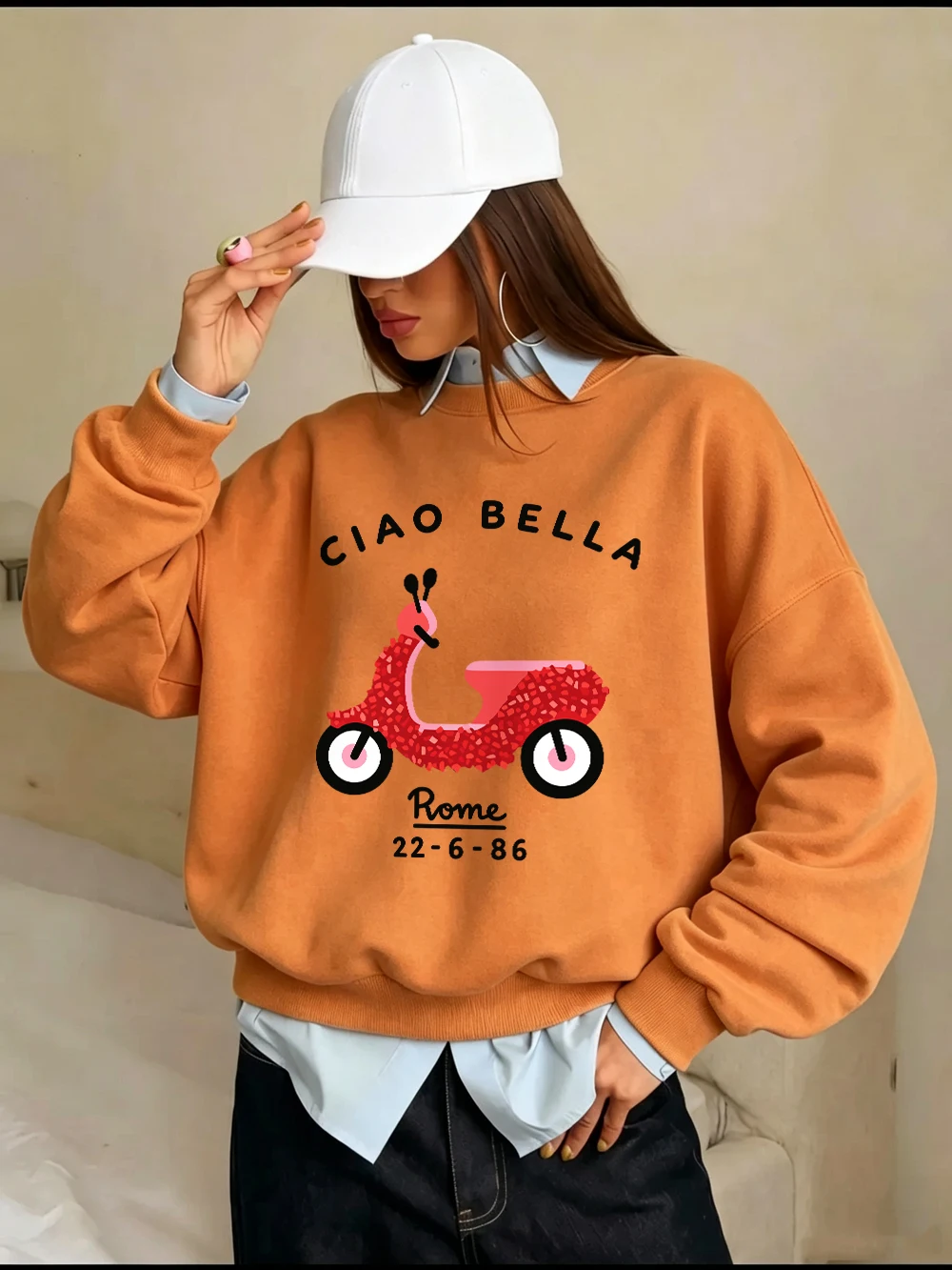 Ciao Bella Rome Bedruckte Sweatshirts für Damen, Winter-Fleece, warme Kapuzenpullover, Rundhalsausschnitt, lockere Pullover, Basics, sportliche Damenbekleidung – Detail 14