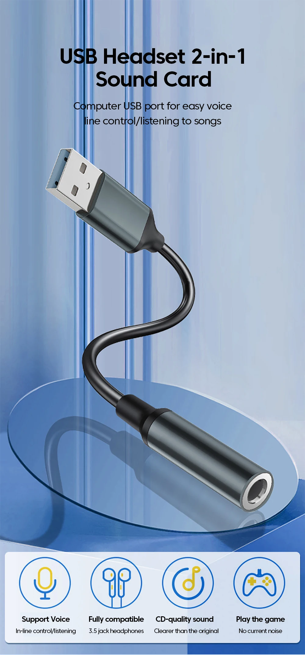USB auf 3,5 mm Audio-Adapter, externe Soundkarte, USB-Stecker auf 3, 5 Klinke, Aux-Buchse, Headset-Mikrofon, Lautsprecher-Konverter für PC, Laptop, PS5 4 – Detail 1