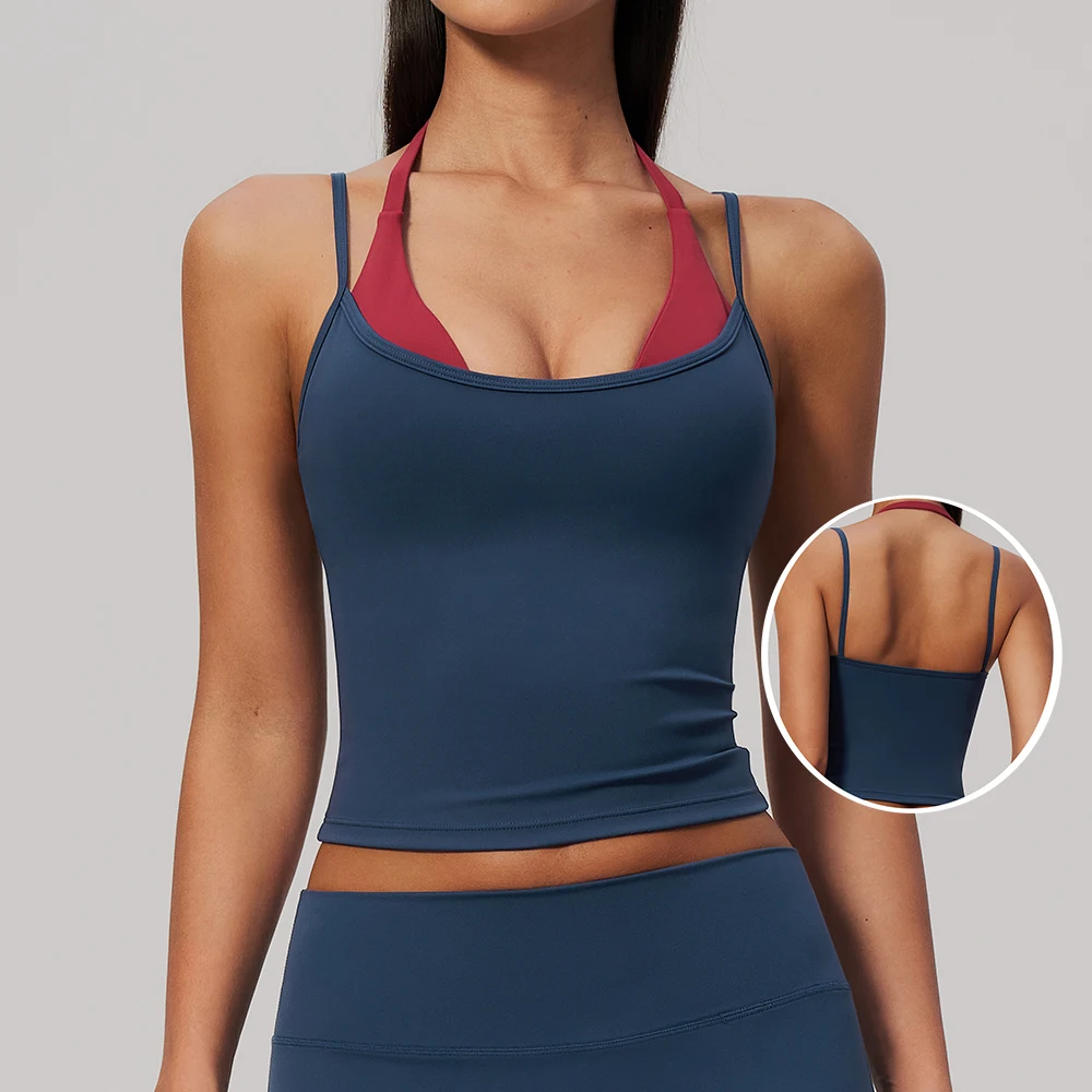 Yoga Bra Women's Fitness Top Run Workout Tank Gym Vest Push Up Padded Underwear Strappy Backless Colorblock Longline Cropped Top