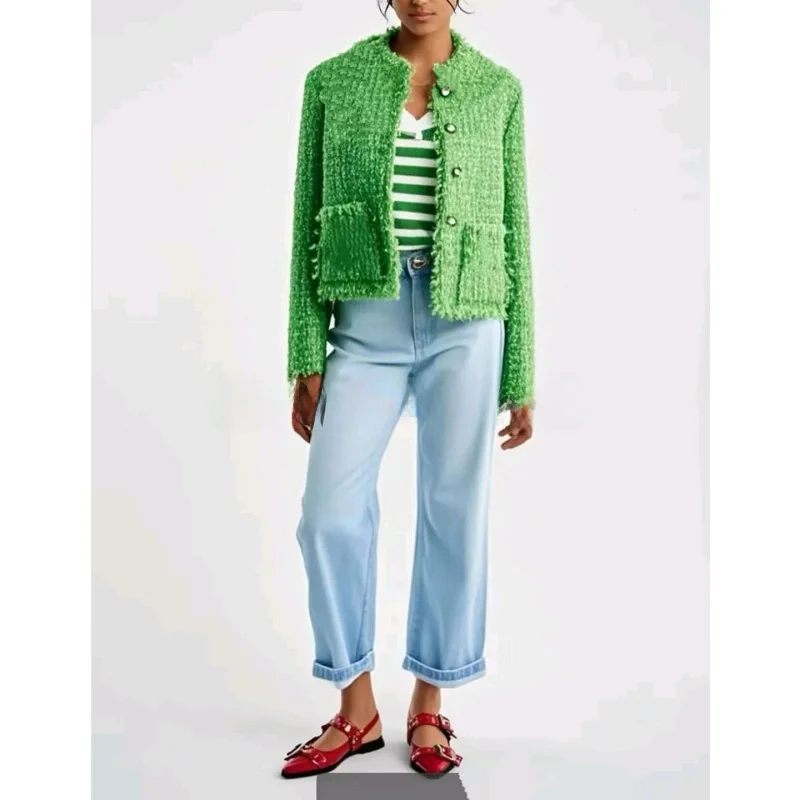 

Women's Casual Sle ort Outerwear round Ne Long Sve Coat Autumn New Arrival Coarse Weave Texture ket Decorated