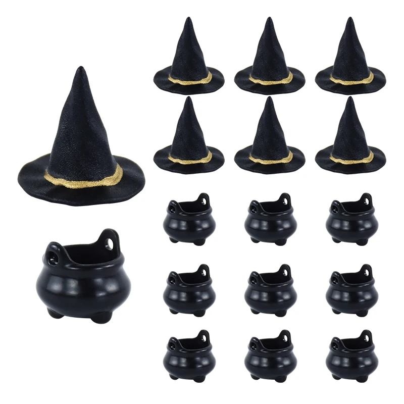 10Pcs Halloween Mini Witch Hats Cauldron Resin Miniature Ornament Scene Layout Halloween Party Home Decoration