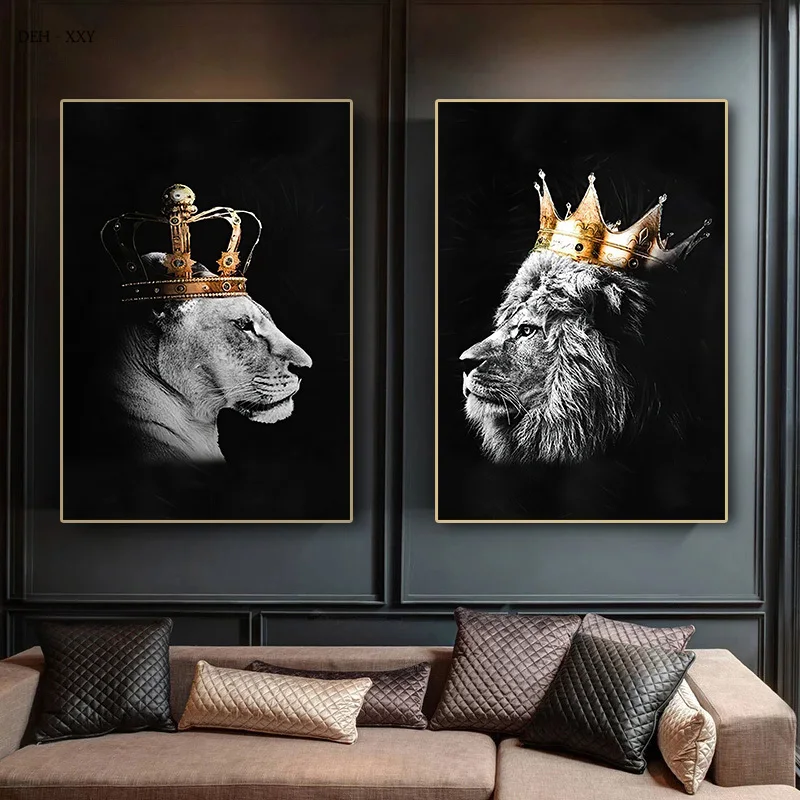 

Lion King and Queen with Golden Crown Canvas Posters and Prints Canvas Painting Animals Wall Art Pictures for Home Decoration