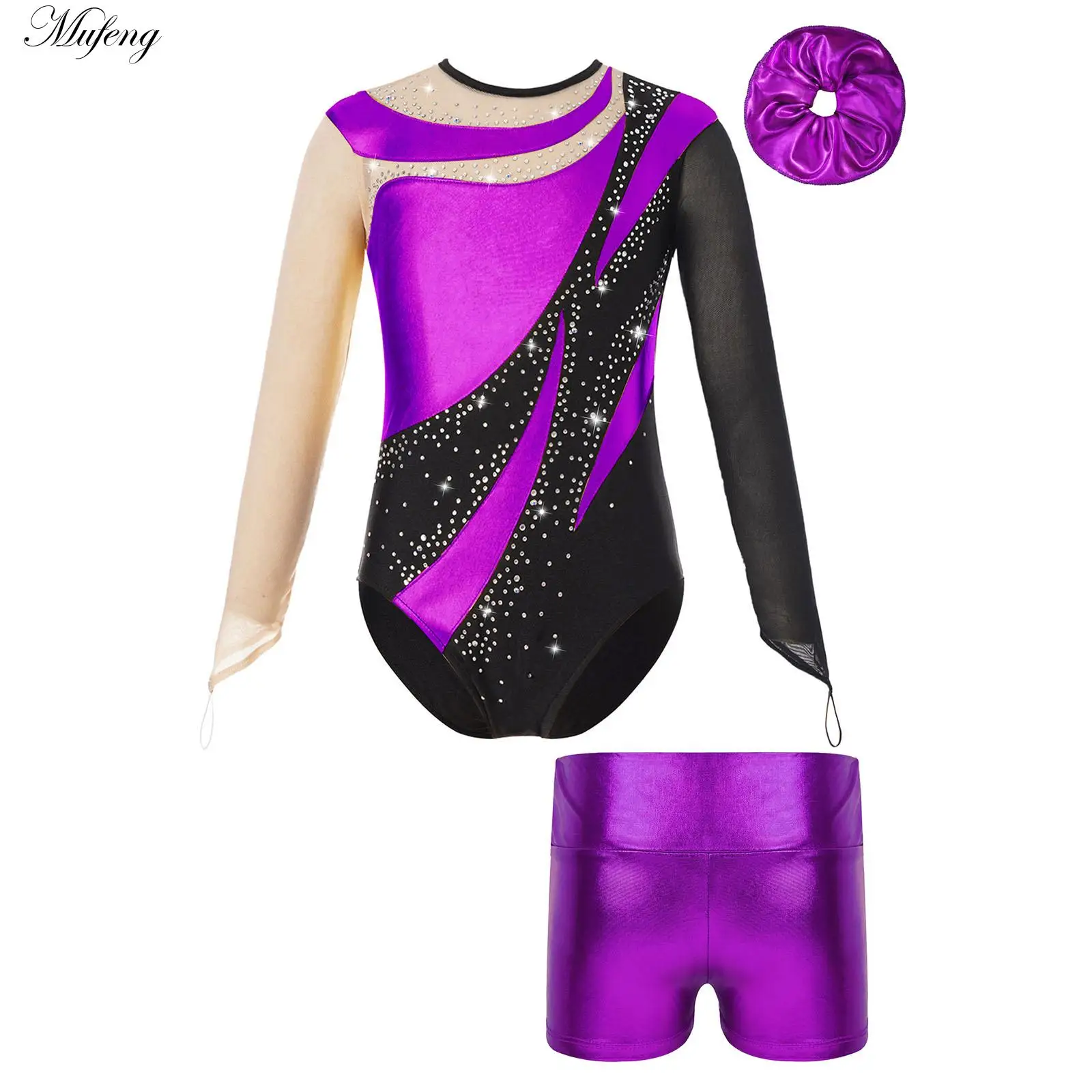 Justaucorps de gymnastique pour filles, costume de patinage artistique, manches longues, maille brillante, costume de batterie avec short métallique, bandeau de cheveux, vêtements de danse