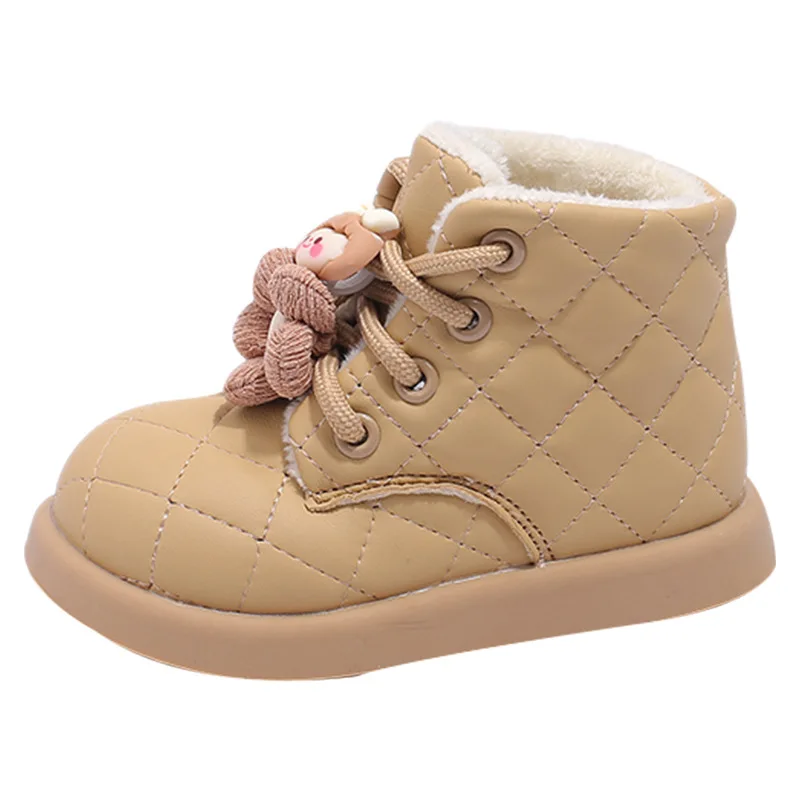 Stivali per bambini peluche inverno nuovo stile stivali corti per bambini ragazze fondo piatto stringate scarpe da bambino in cotone con suola