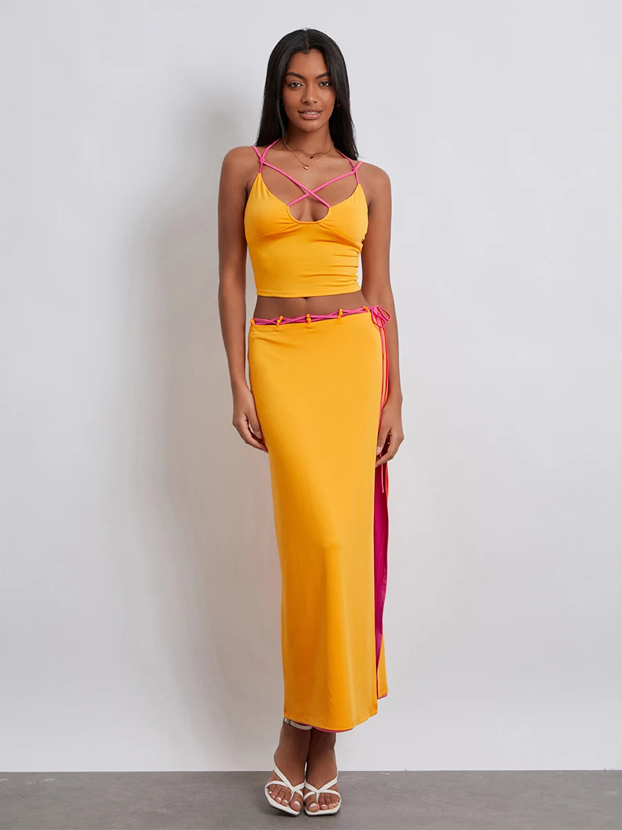 

Women’s Two Piece Summer Outfits Sleeveless Spaghetti Strap Halter Tops and Long Skirt Set Beachwear