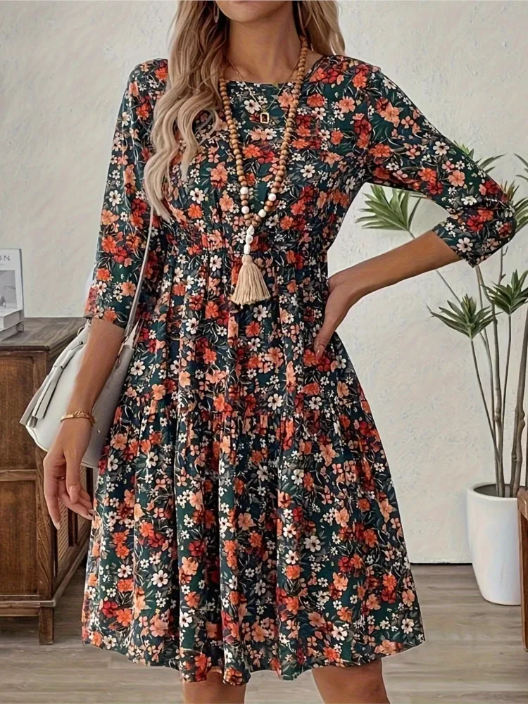 

Floral Printed Seven-quarter Sleeve Round Neck Dress 2026 Spring And Summer New Stylish And Elegant Above-the-knee Dress