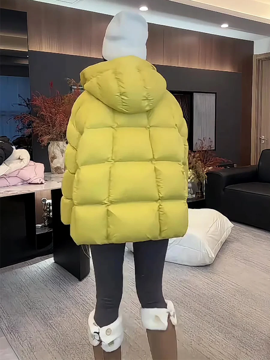 도프네 옐로우 후드 미드-길이 여성용 다운 재킷 따뜻하고 편안한 퍼핀 디자인 한국 스타일 롱 슬리브 지퍼