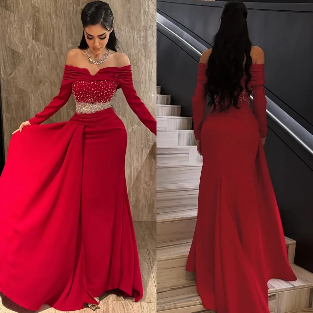 

Customized Matching Fashion Jersey Rhinestone Pleat Mermaid Off-the-shoulder Long Dresses Bespoke Occasion Dresses Elegant Sexy