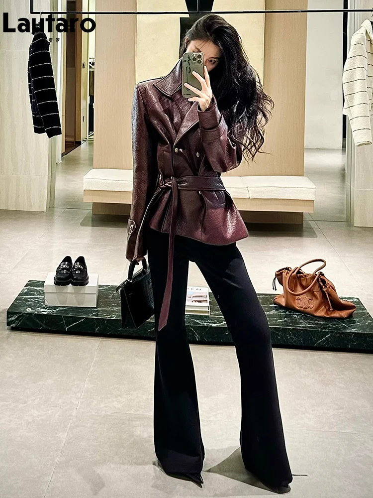 

Куртки Lautaro из мягкой искусственной кожи для женщин, весна-осень, ретро-стиль, двубортные, элегантные, люксовые, дизайнерская одежда, мода с подиумов