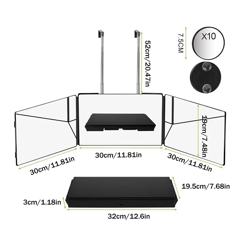 กระจกแต่งหน้าพกพาแบบพับได้ 360 องศา พร้อมตะขอปรับระดับความสูงได้สำหรับตัดผมด้วยตัวเอง