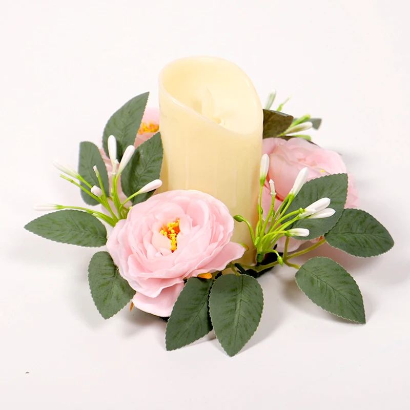 1pc Camellia Garland Wreath Candle Holder Artificial Plant Leaf Flower Candlestick Wedding Party Desktop Candle Ring Home Decor