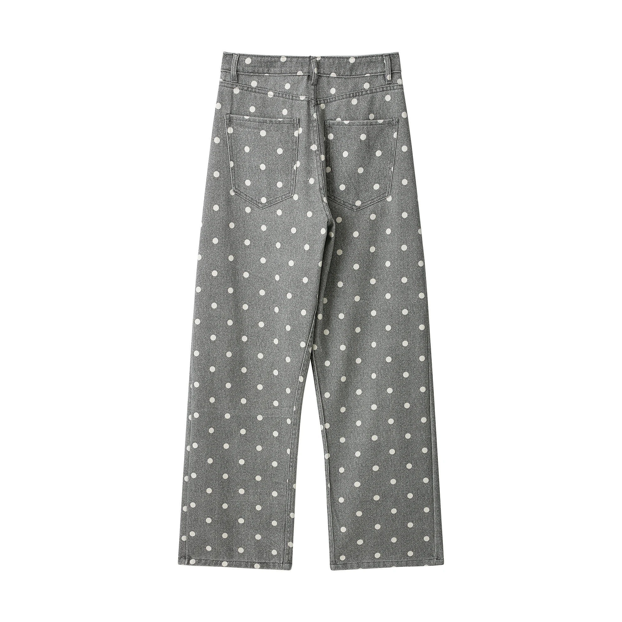 2026 Autumn Winter Women's Elegant Low Waist Wide Leg Polka Dot Gray Denim Jeans Pants Lady Chic Polyester Zip Street Trousers