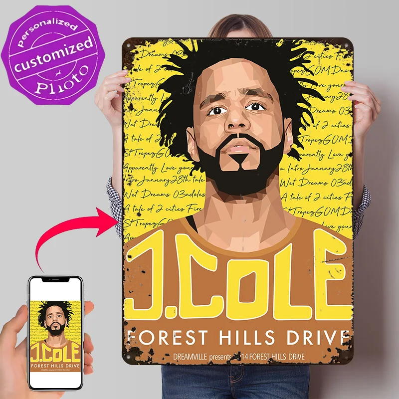 J Cole Personalized 3D Textured Metal Poster Wall Art Vintage Tin Signs for Office Decoration Room Desk Decor Luxury Man Cave