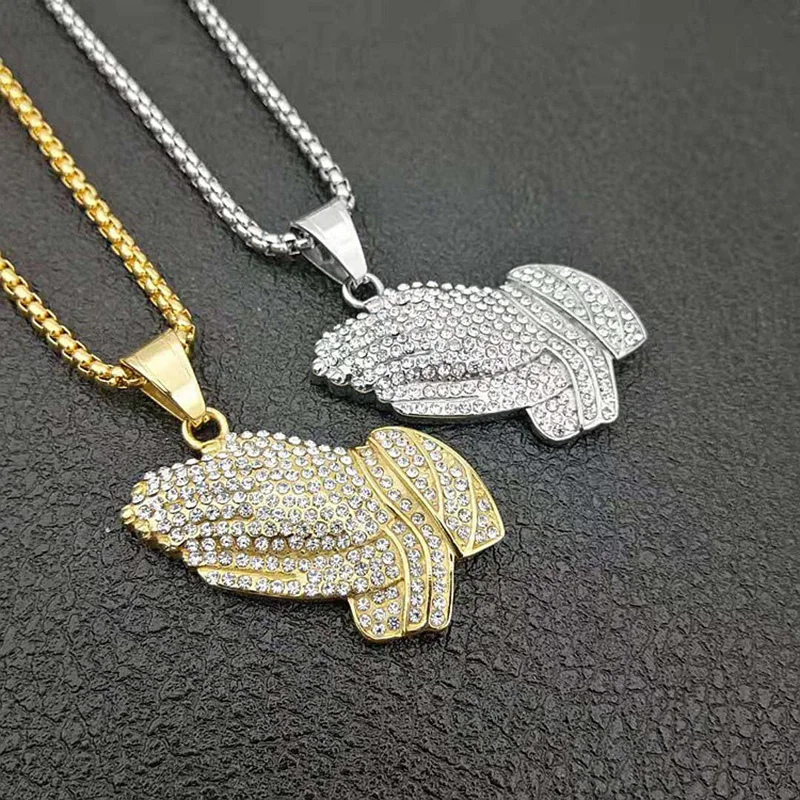 Hip Hop Rhinestones Paved Bling Iced Out Stainless Steel Praying Hand Pendant Necklaces for Men Jewelry Drop Shipping