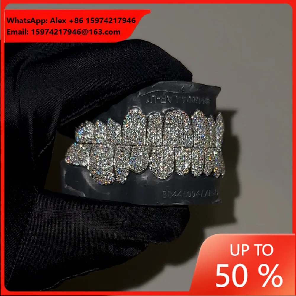 Honeycomb Moissanite 925 Silver European And American Cross-border Hot-selling Grill GRILLZ Hip-hop Braces Honeycomb Inlay