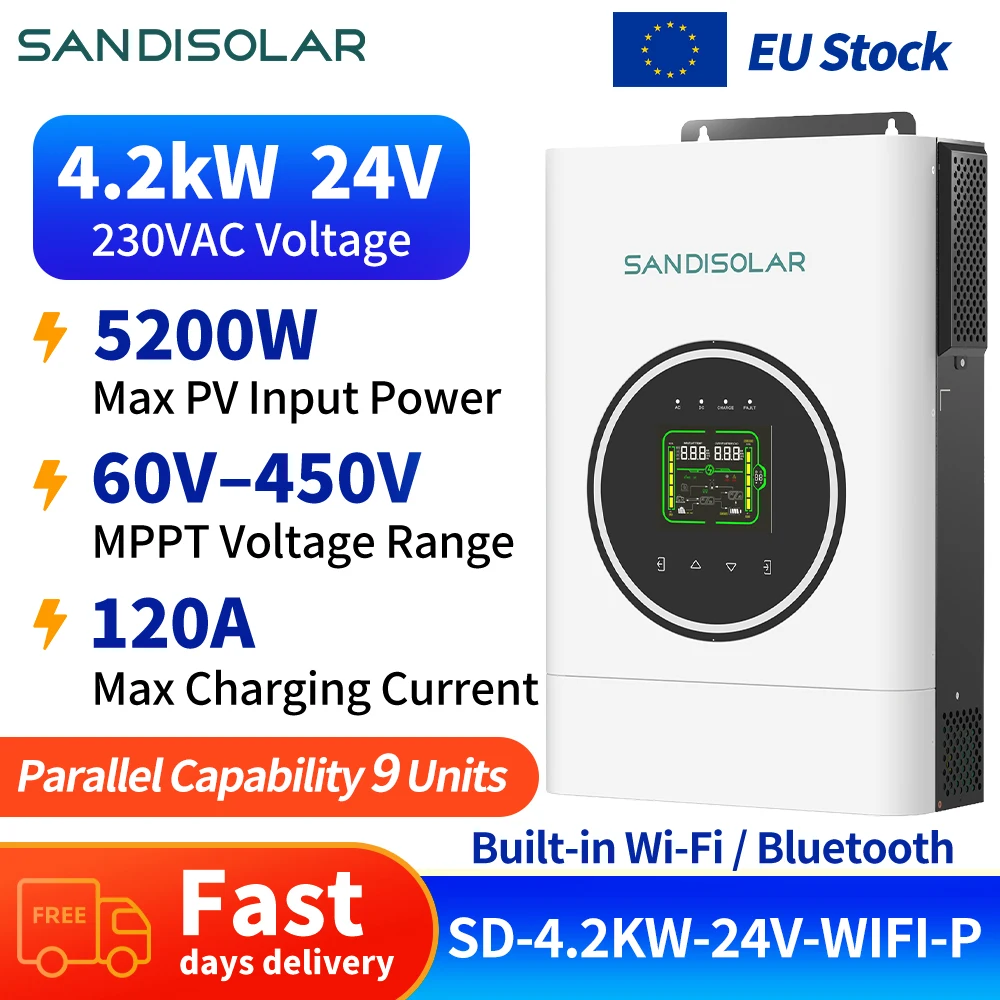 SANDISOLAR 4.2KW PLUS 24V Hybrid Solar Inverter 5200W Pure Sine Wave 120A MPPT Off Grid Parallel WiFi APP